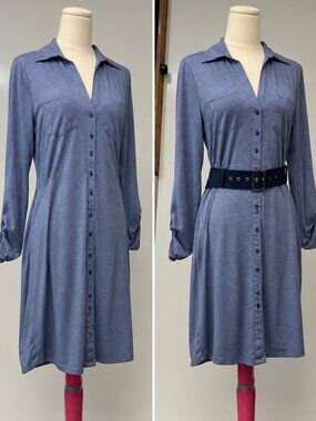 Kristin Nicole Blue Shirt Dress M Button Front Belted Office Workwear